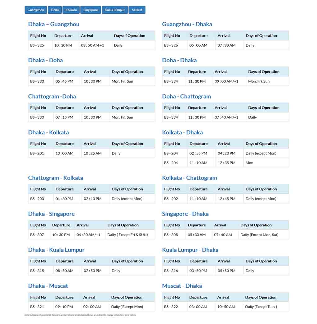 US_Bangla Airlines Flight Schedule